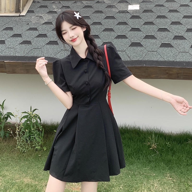 B182(365) 韩版高级感POLO翻领下摆规律百褶黑灰连身裙