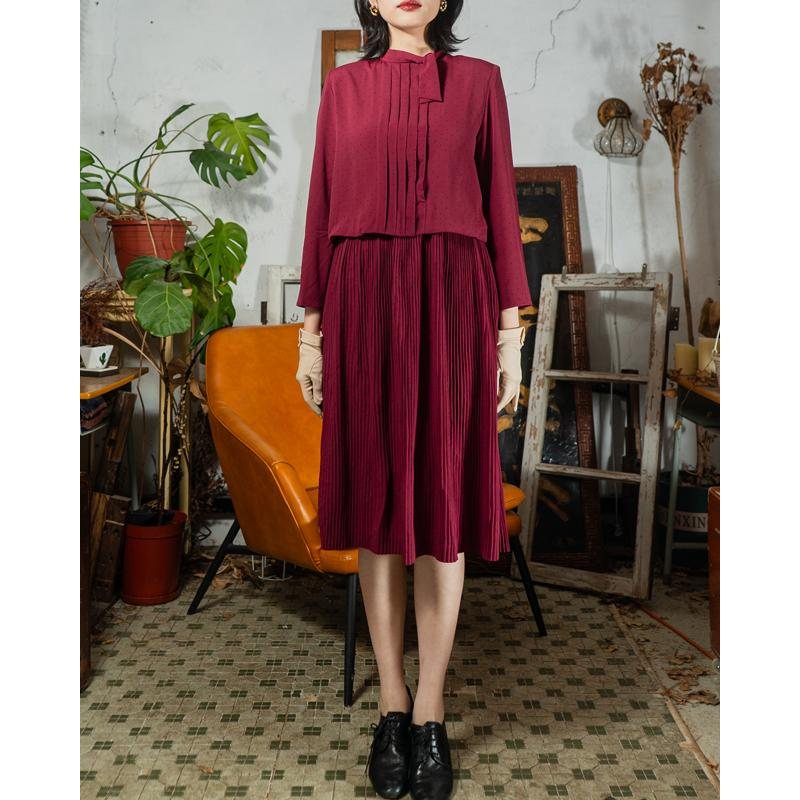 Vintage Elegant Cranberry Red Festive Faux Twin Set Accordion Pleat Dress (MT1608-147)