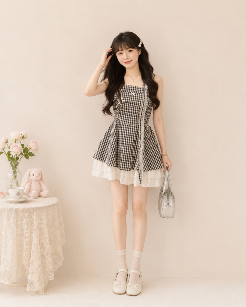 A031149 Sweet Bow Gingham Tiered Mini Dress