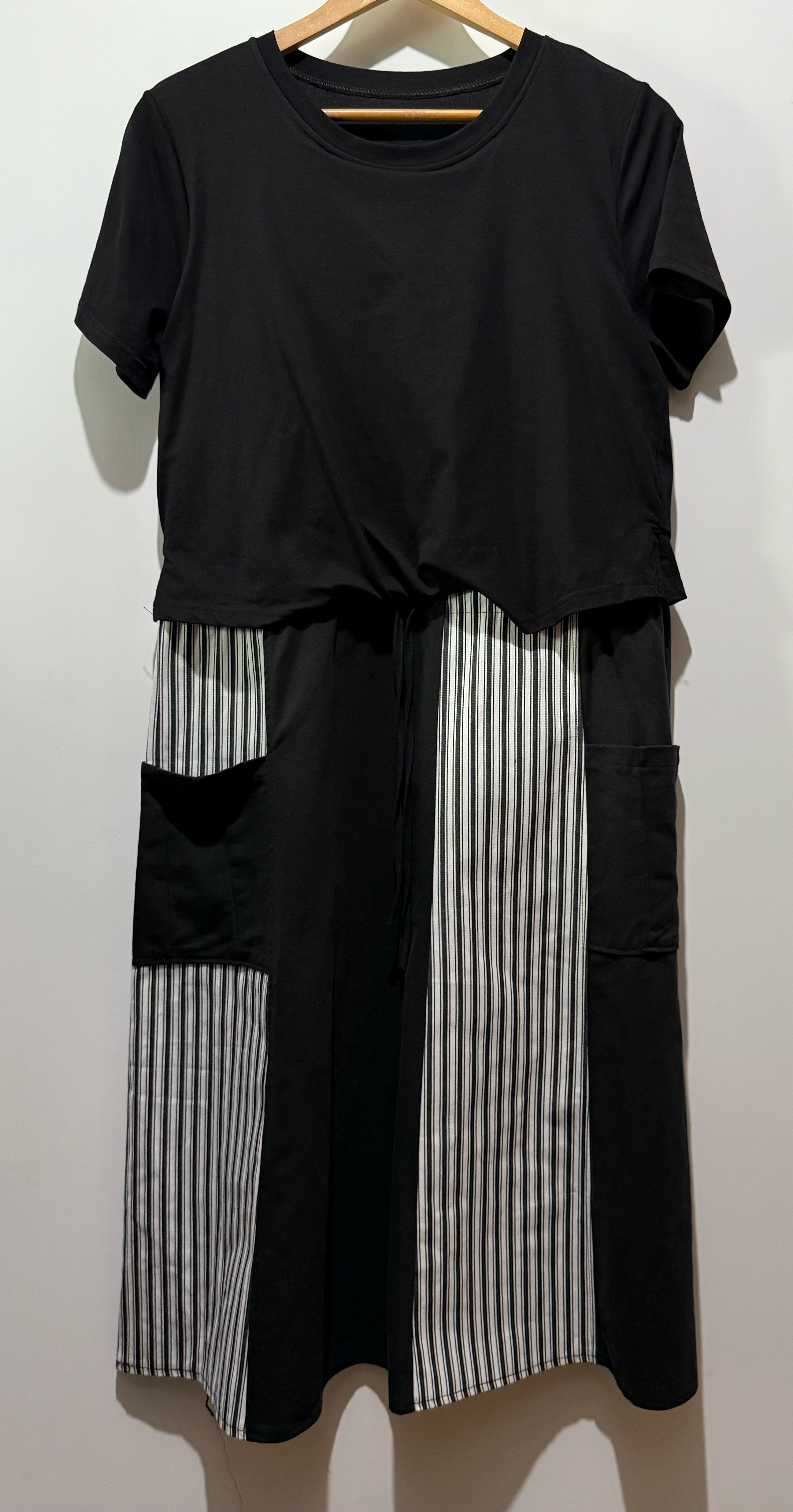 S00356 牛仔布拼條紋撞色Op