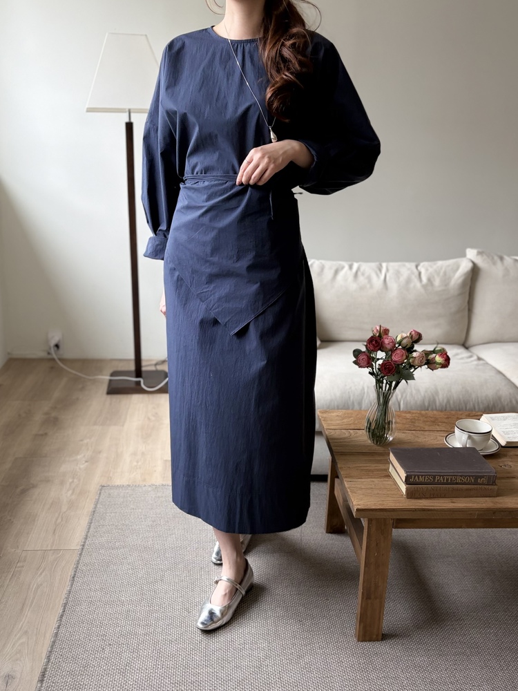 Wrap-Accent Dress (Navy)