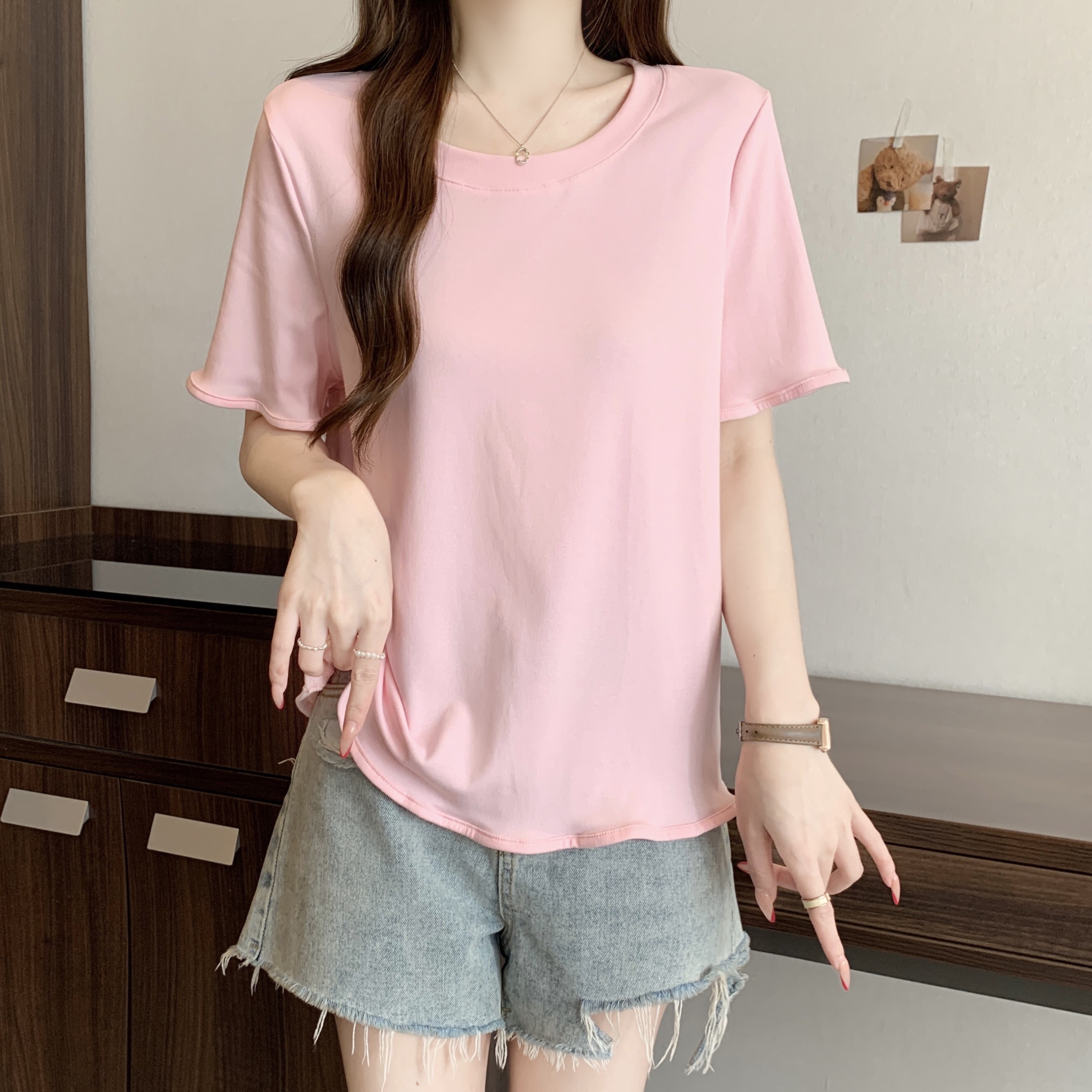 B230(81018) 韩版INS风圆领木耳边短袖与下摆4色上衣