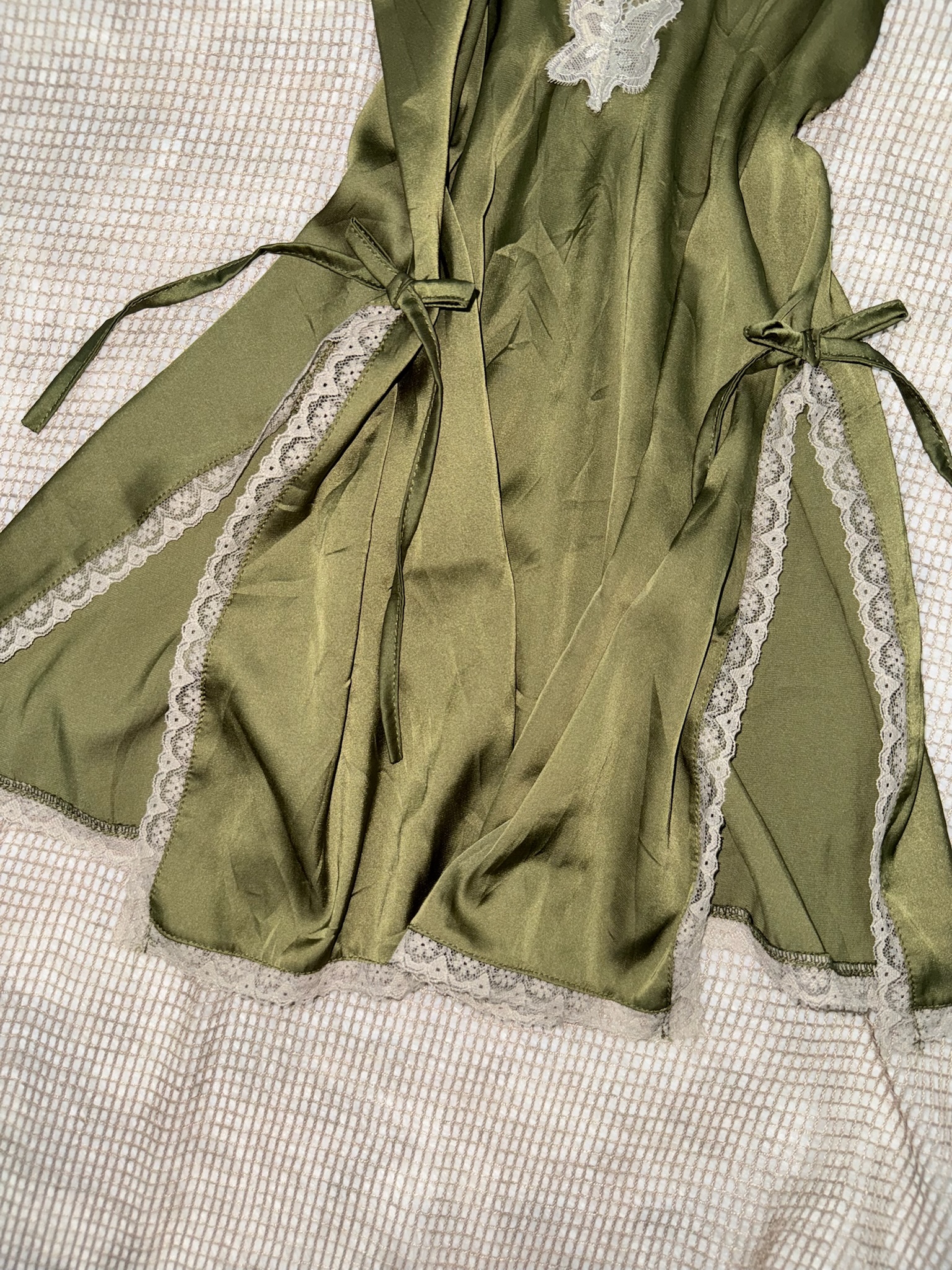 Olive Green Satin Nightie with Floral Lace V-Neck