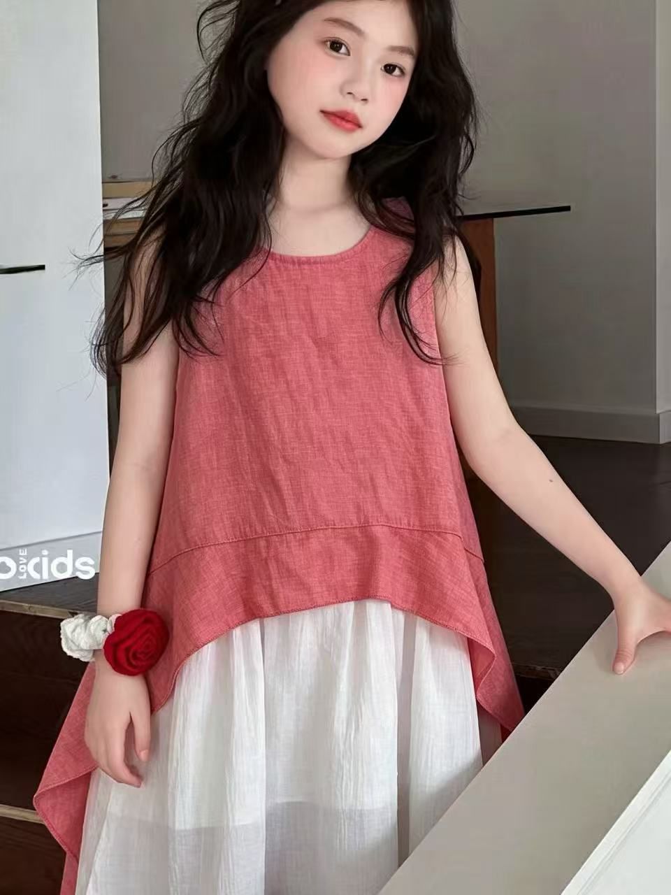 651719R | Girls Two-Tone Sleeveless Layered Dress with Asymmetrical Hem