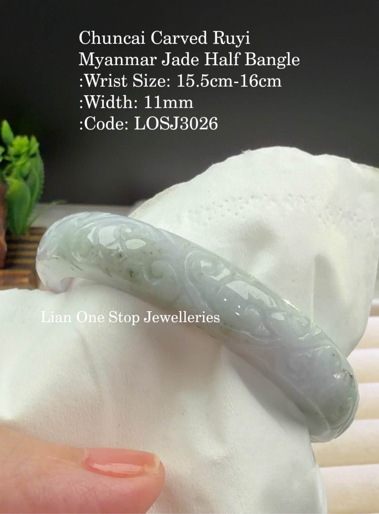 Code: LOSJ3026 Chuncai Carved Ruyi Myanmar Jade Half Bangle