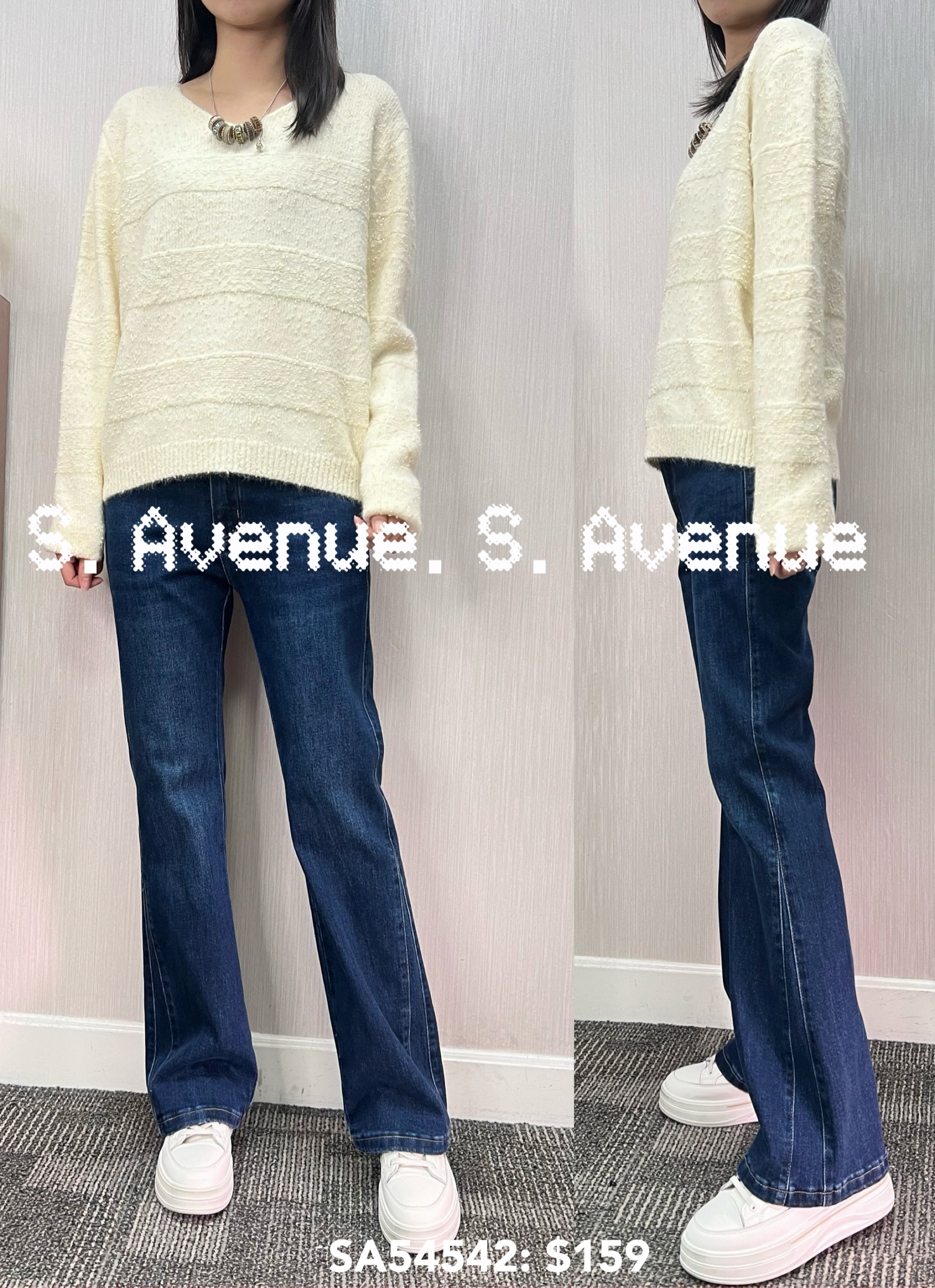 SA54542: 長袖V領暗間毛冷top