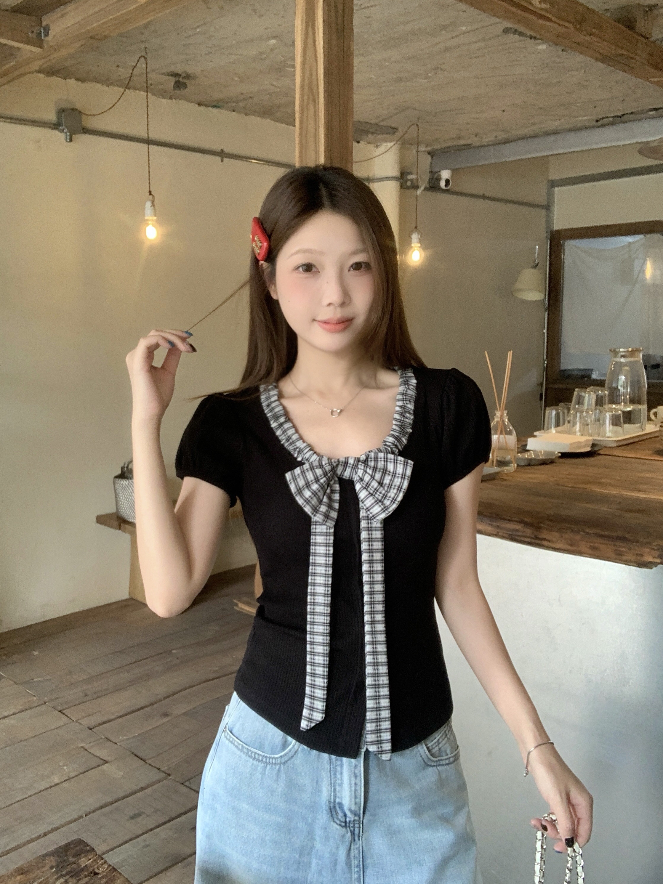 B173(9030) 韩系温柔甜美风领边褶皱格纹立体蝴蝶结灰黑上衣