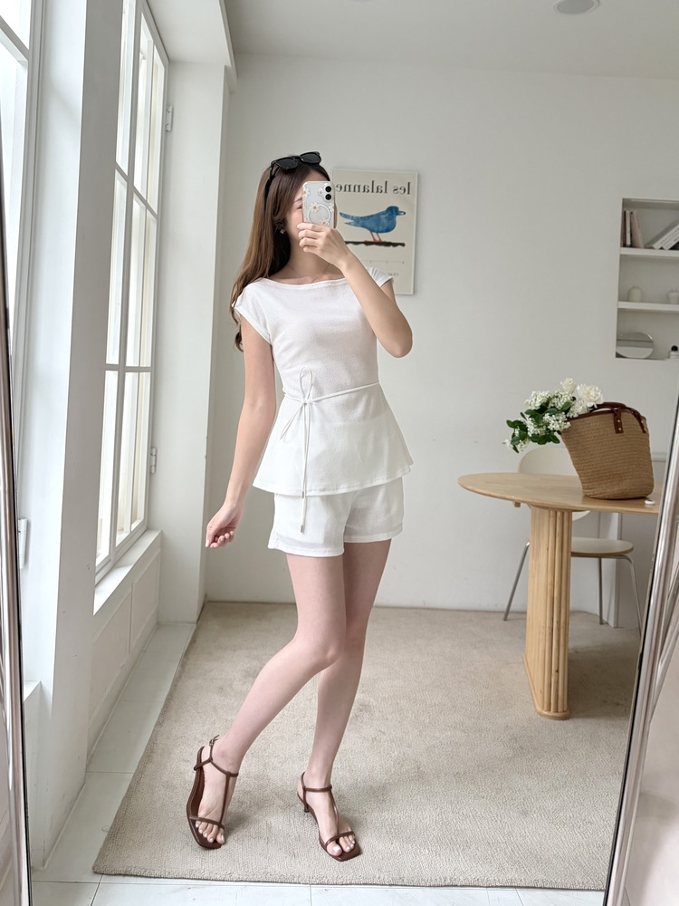 Elysian Boat Neck Belted Set (White)