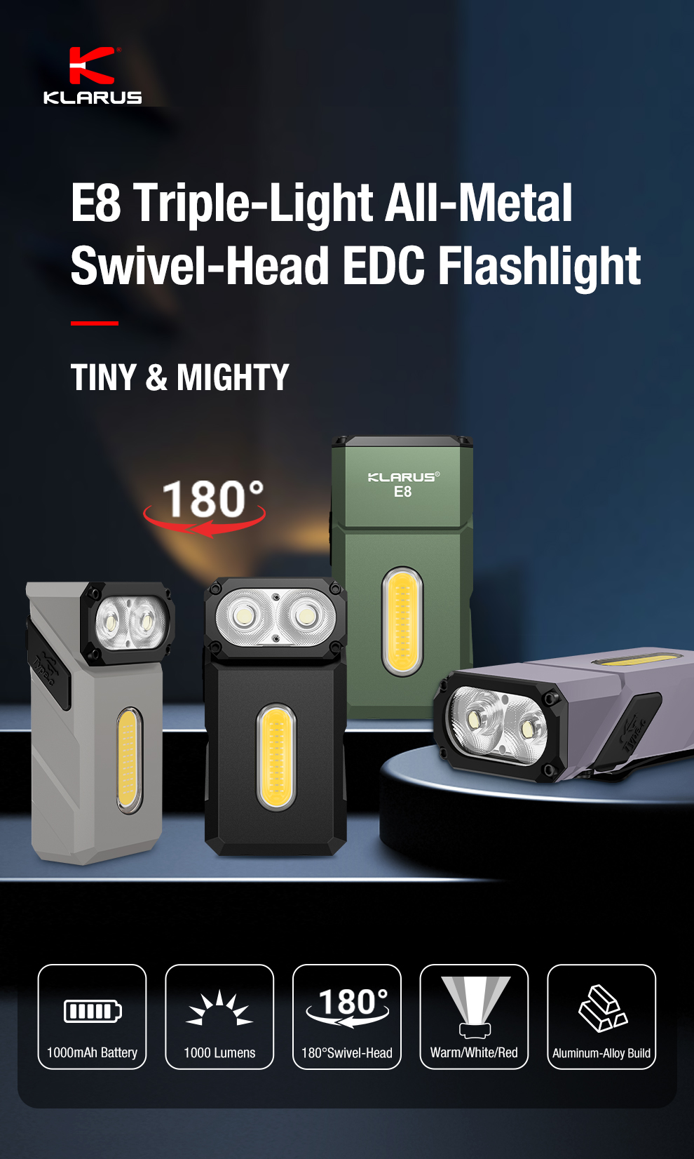 Klarus E8 金屬可旋轉燈頭的 EDC 手電筒