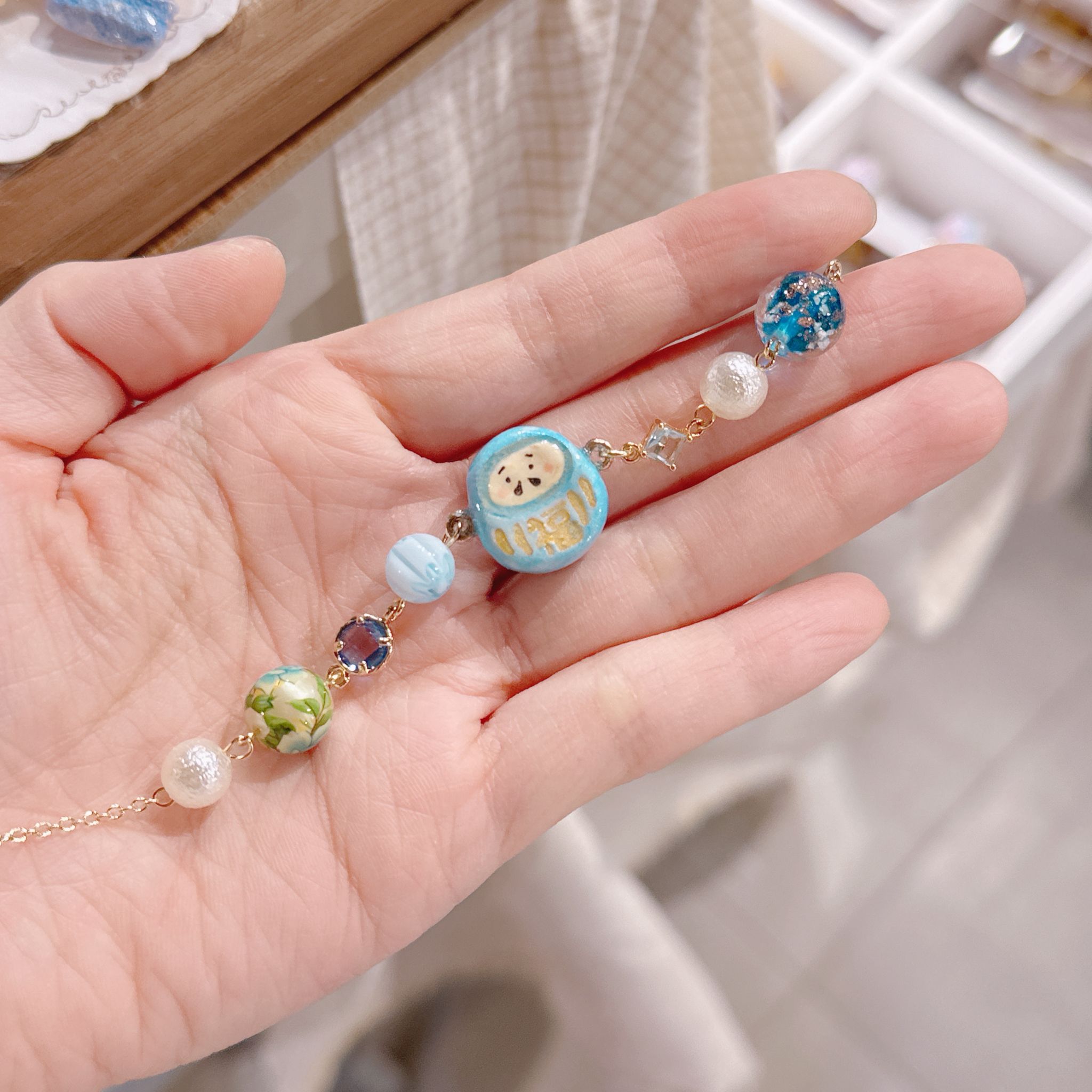 14K包金 手繪粉藍達摩 鋯石 玻璃珠 手鏈