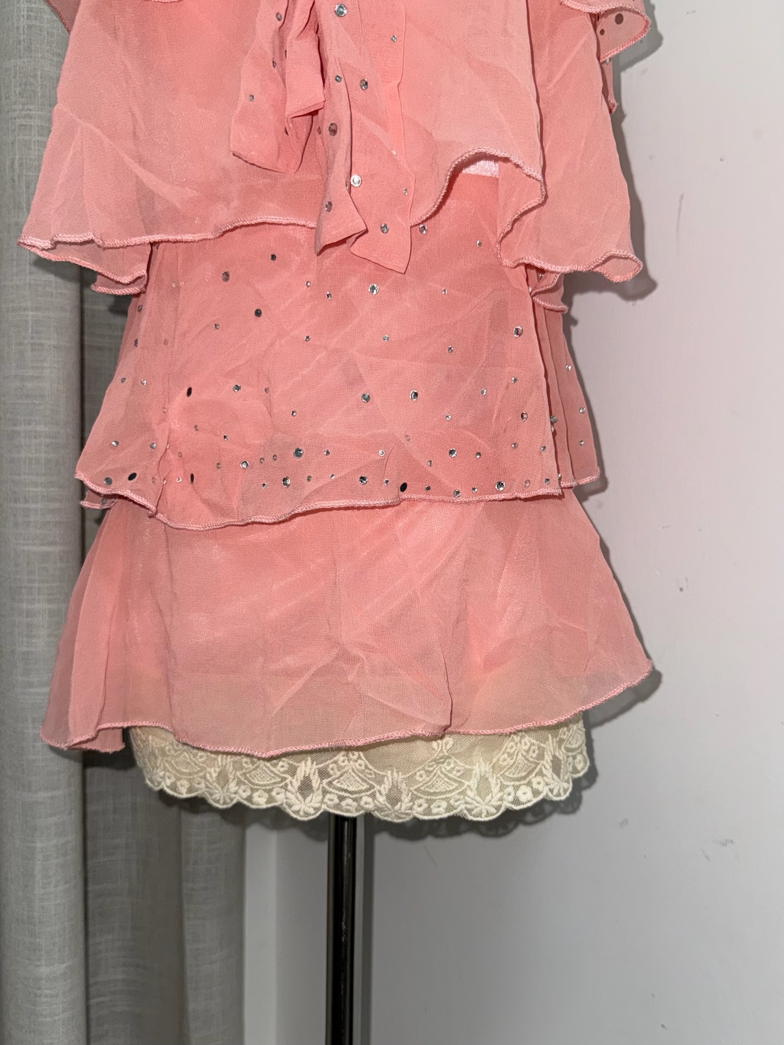 Pink Tiered Chiffon Cami Top with Rhinestone Accents and Thin Straps