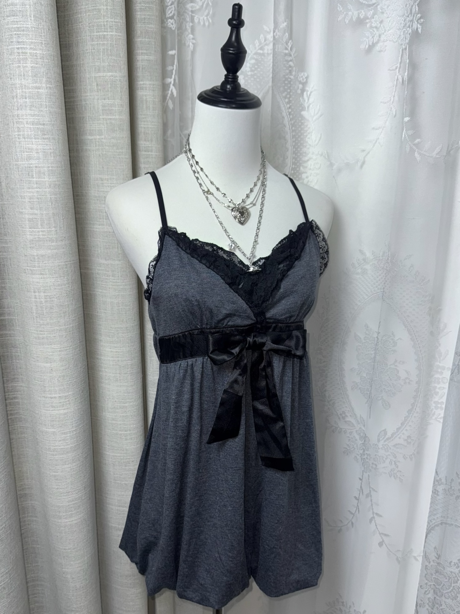 Lace-Trim Babydoll Dress with Satin Bow
