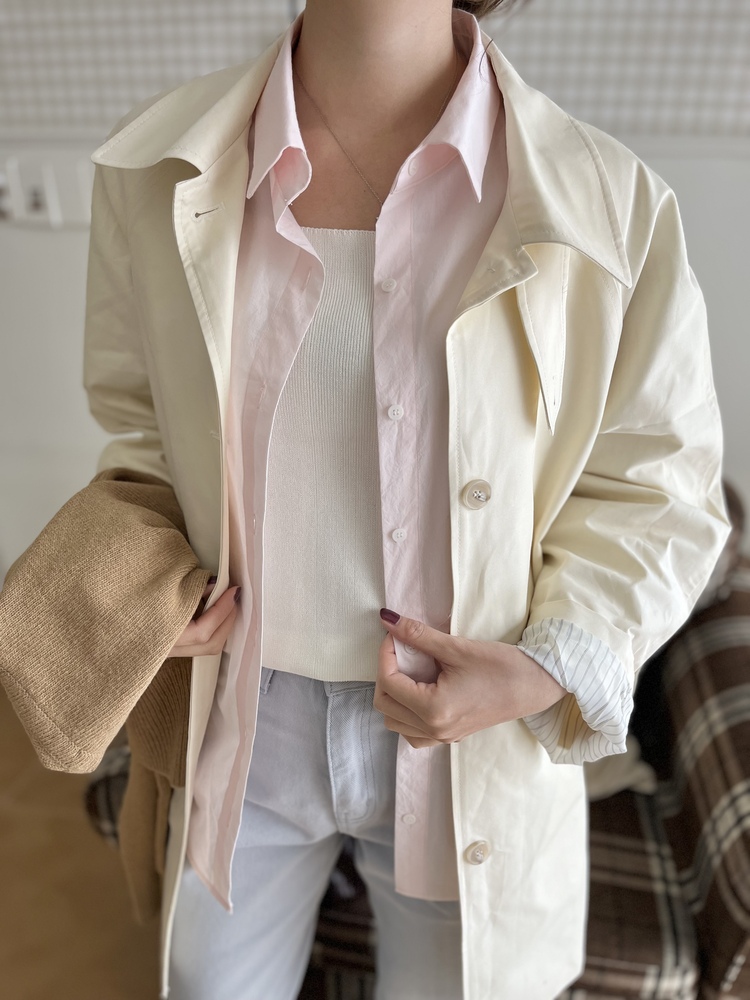 Stripe-Lined Relaxed Trench Coat (Cream)