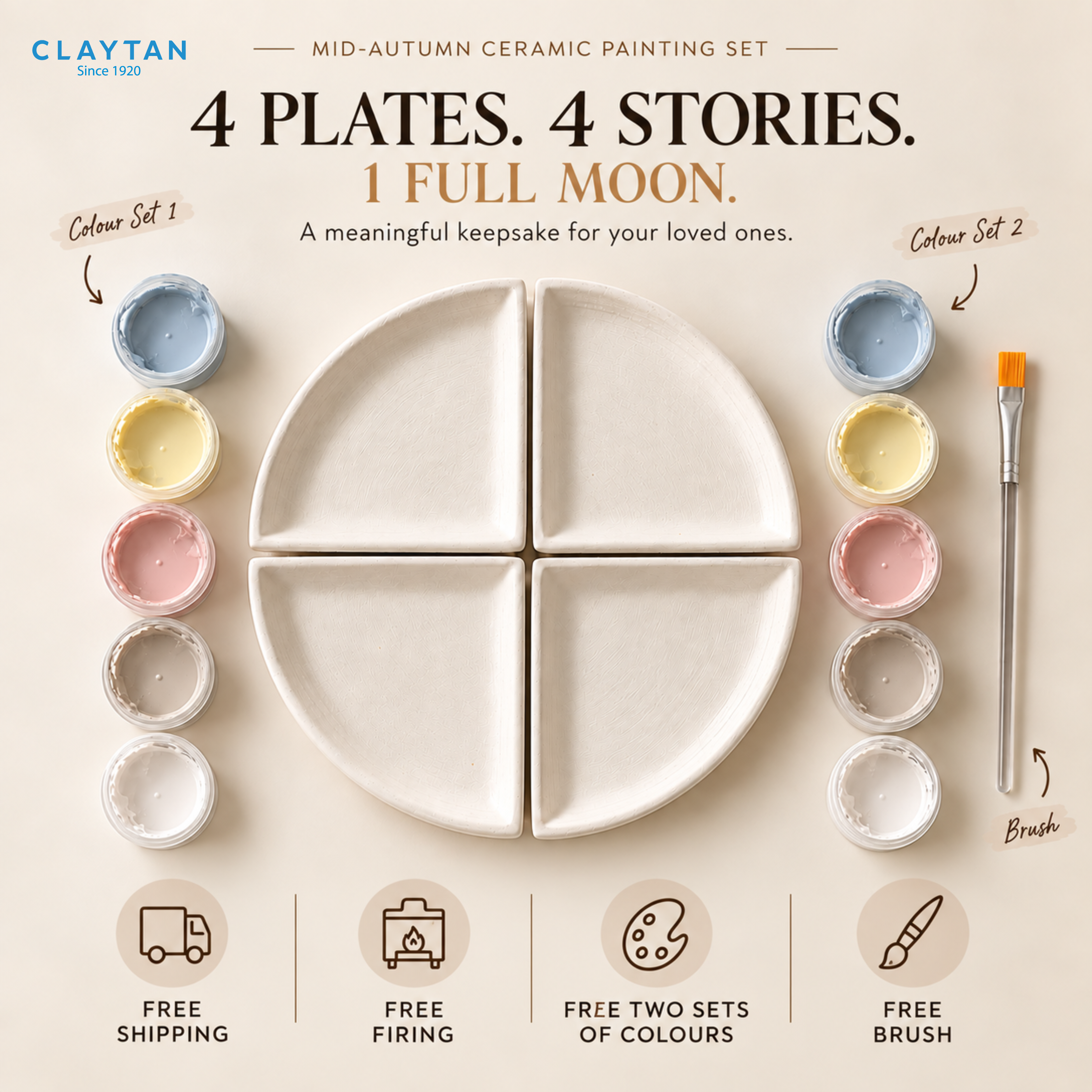 CLAYTAN Mid-Autumn Ceramic Painting Set | 4-Piece Full Moon DIY Plate Set | Paint, Fire & Cherish