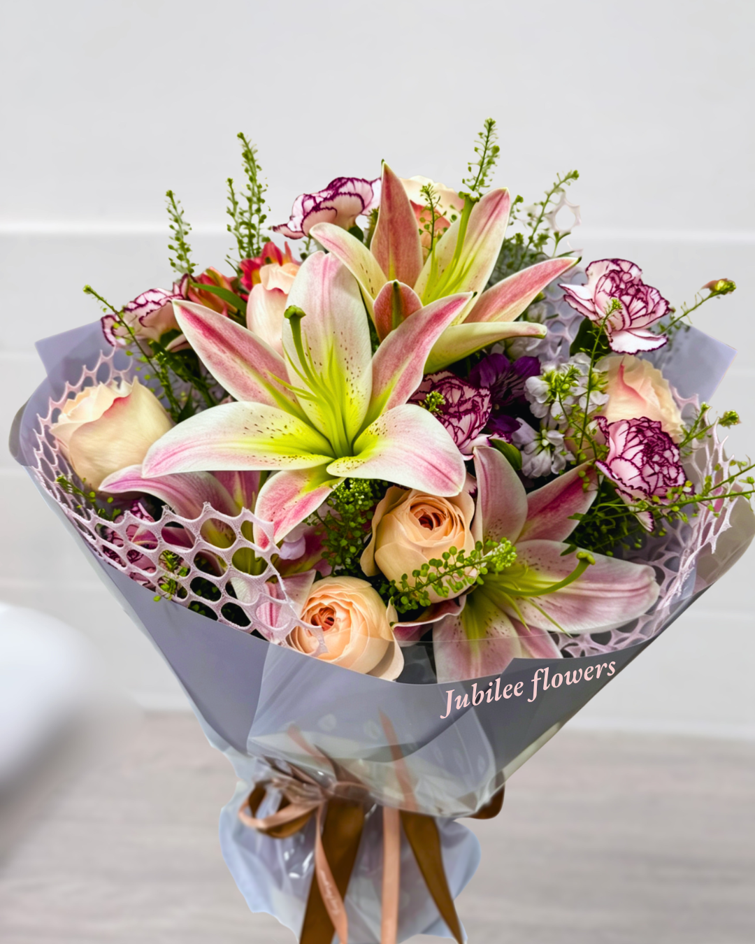 母親節 粉百合 玫瑰 花束