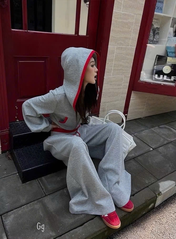 灰色和紅色长裤辣妹套裝