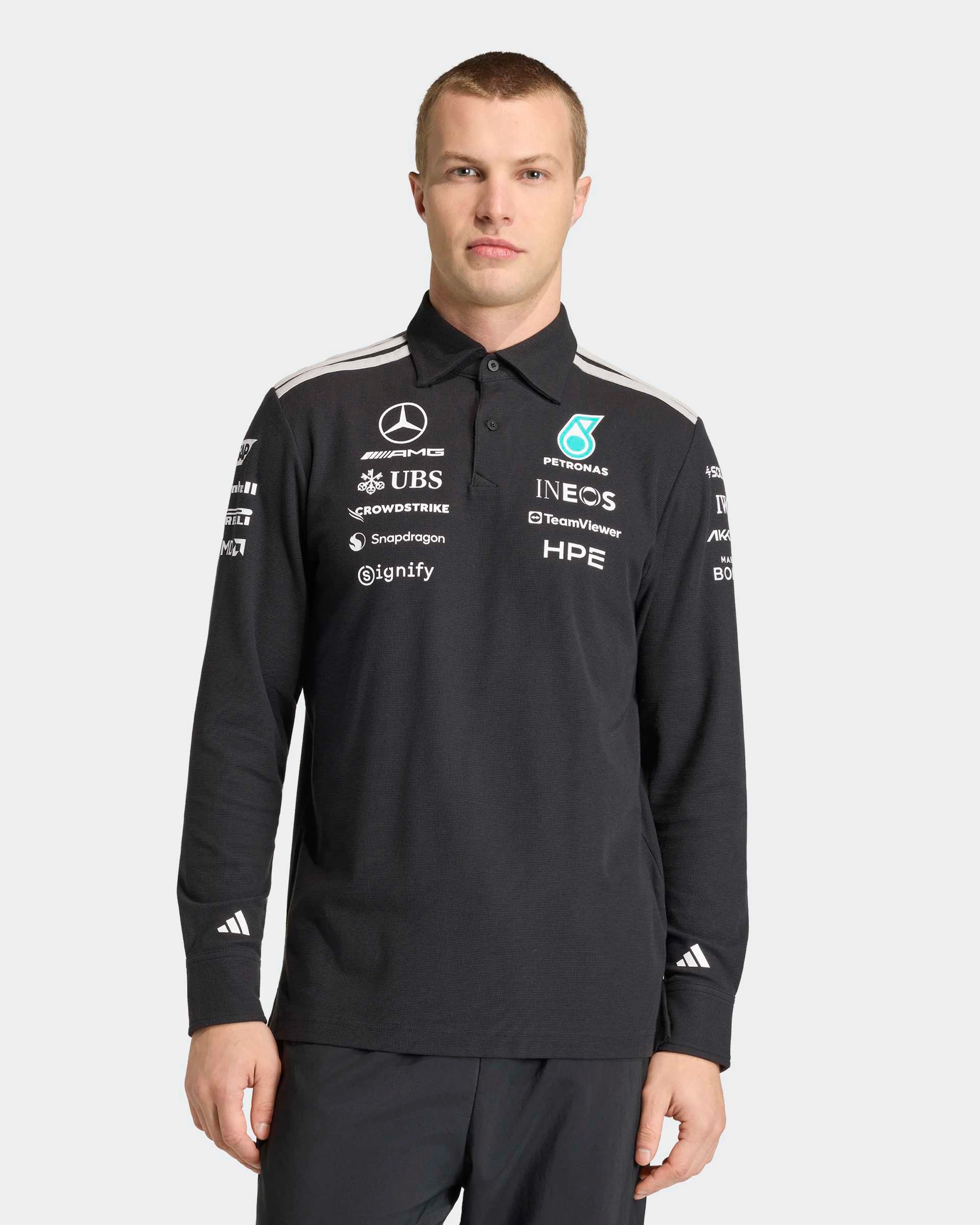 Adidas F1 Mercedes Benz 平治車隊 2026 黑色工程師長袖Polo KE5514