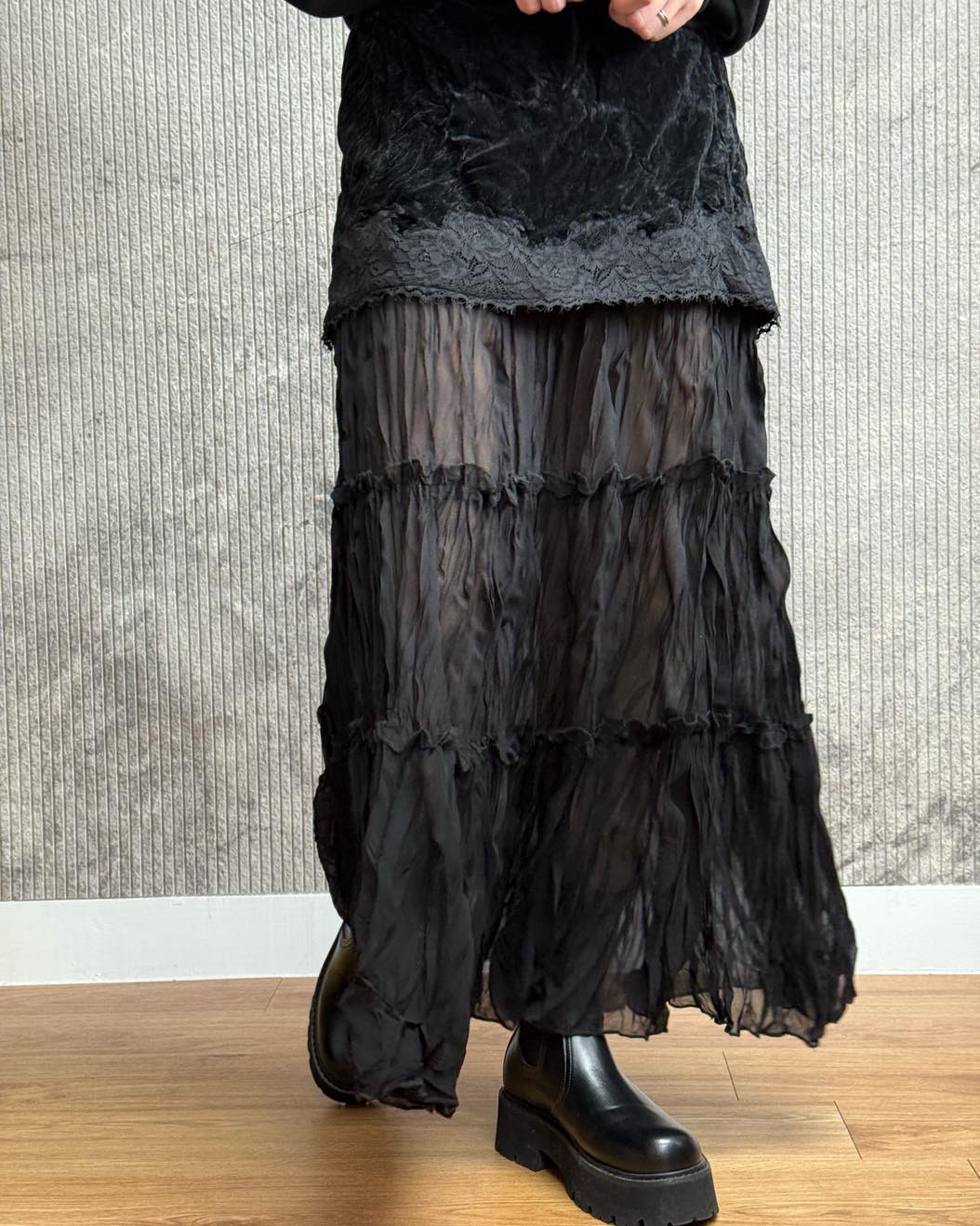 絲絨短裙拼皺薄紗蛋糕裙