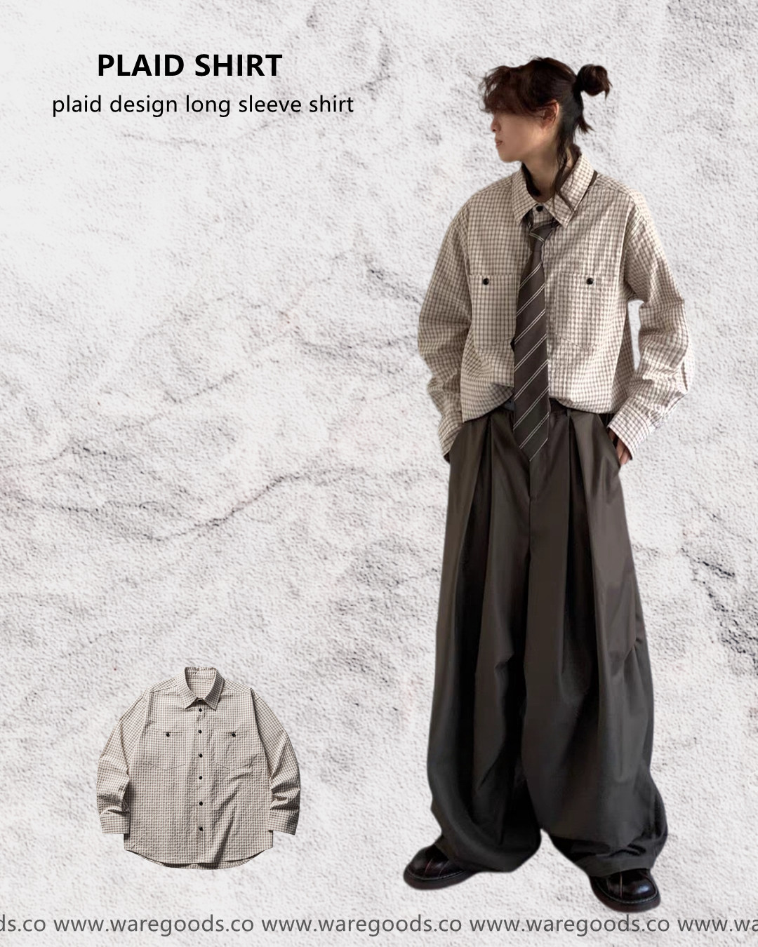 W8275胸前口袋格紋恤衫