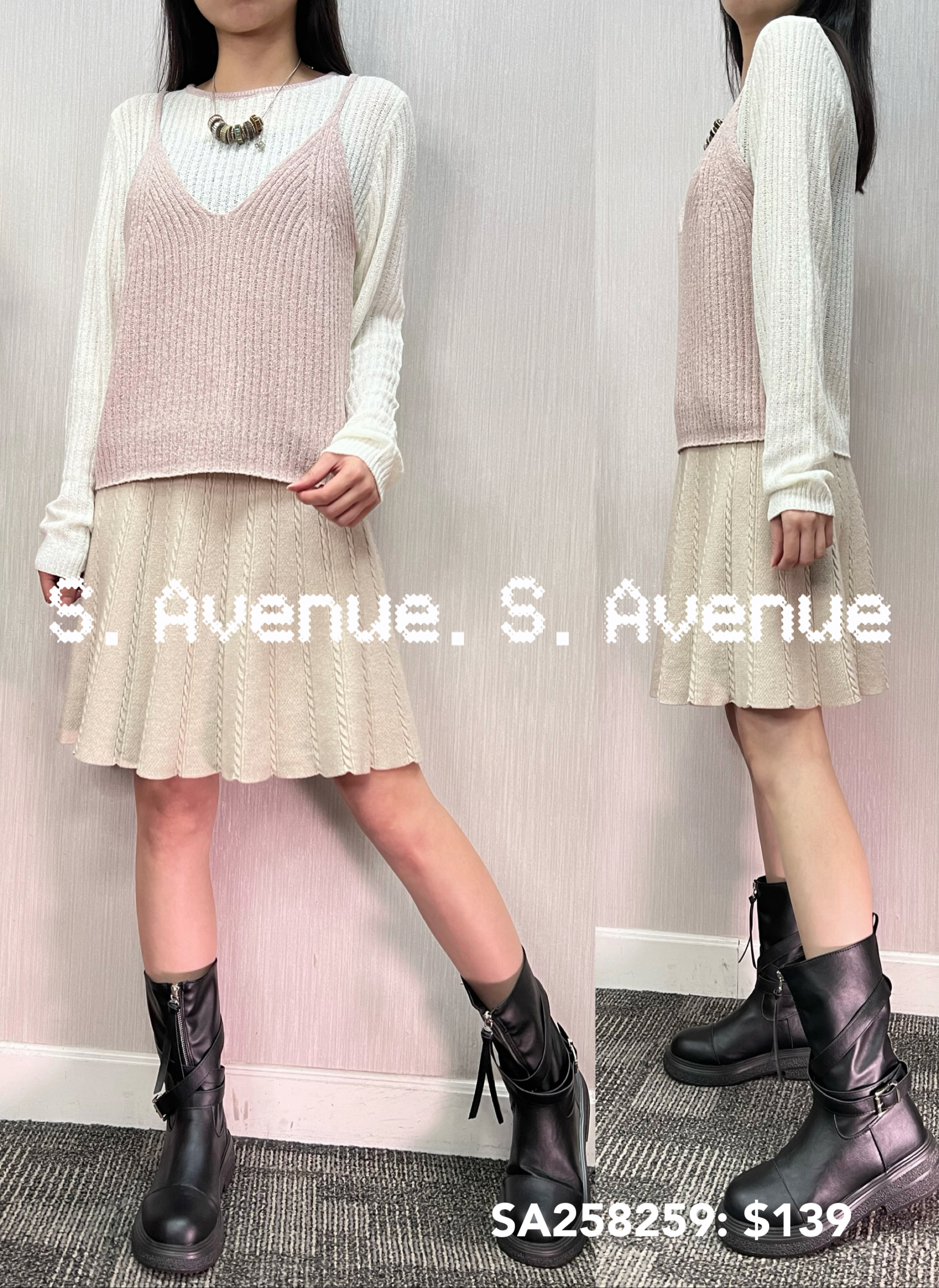 SA258259: 長袖撞色邊假兩件吊帶top