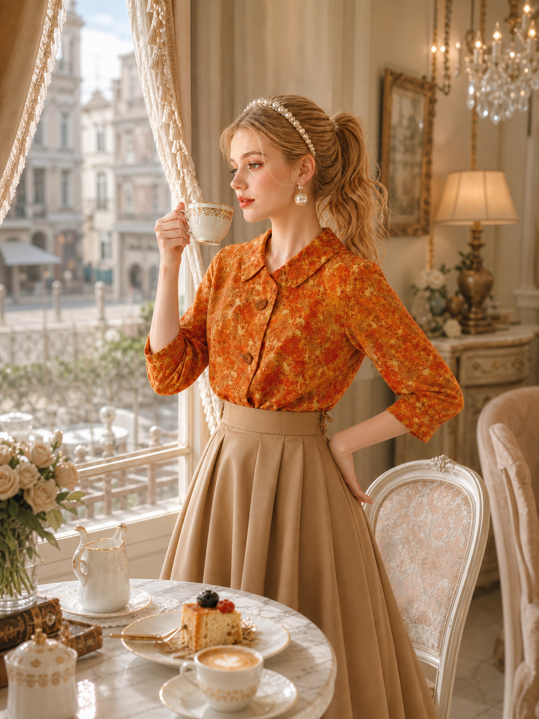 復古午茶橘紅碎花翻領襯衫Aurelia Vintage Floral Blouse