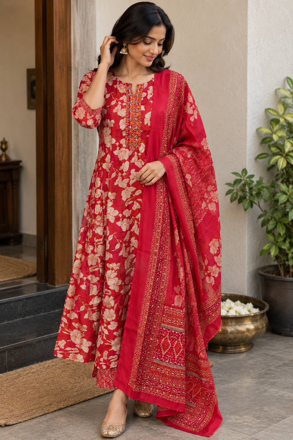 Red Floral Muslin Silk Anarkali set
