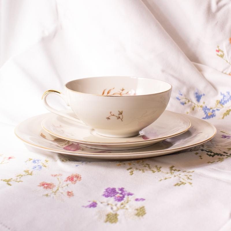 Vintage Pre-1969 German Hertel Jacob Flower Bud Foliage Tea Set Trio(NA0778)