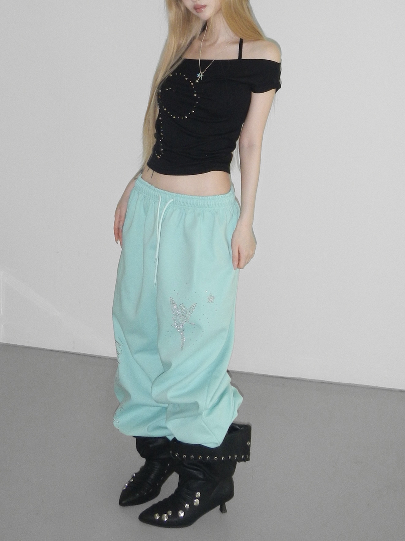 Rhinestone Graphic Wide-Leg Pants