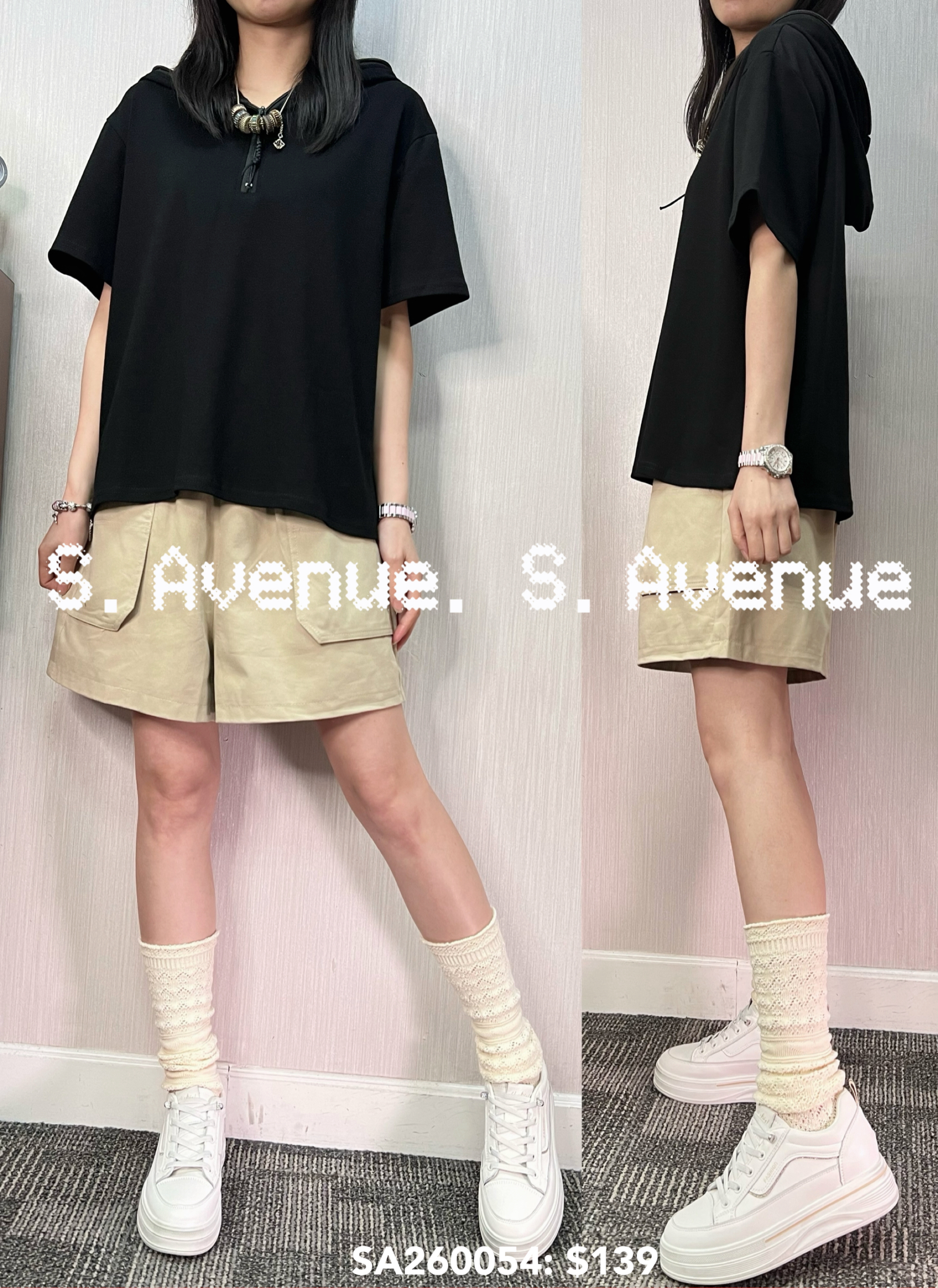 SA260054: 短袖有帽拉錬淨色tee