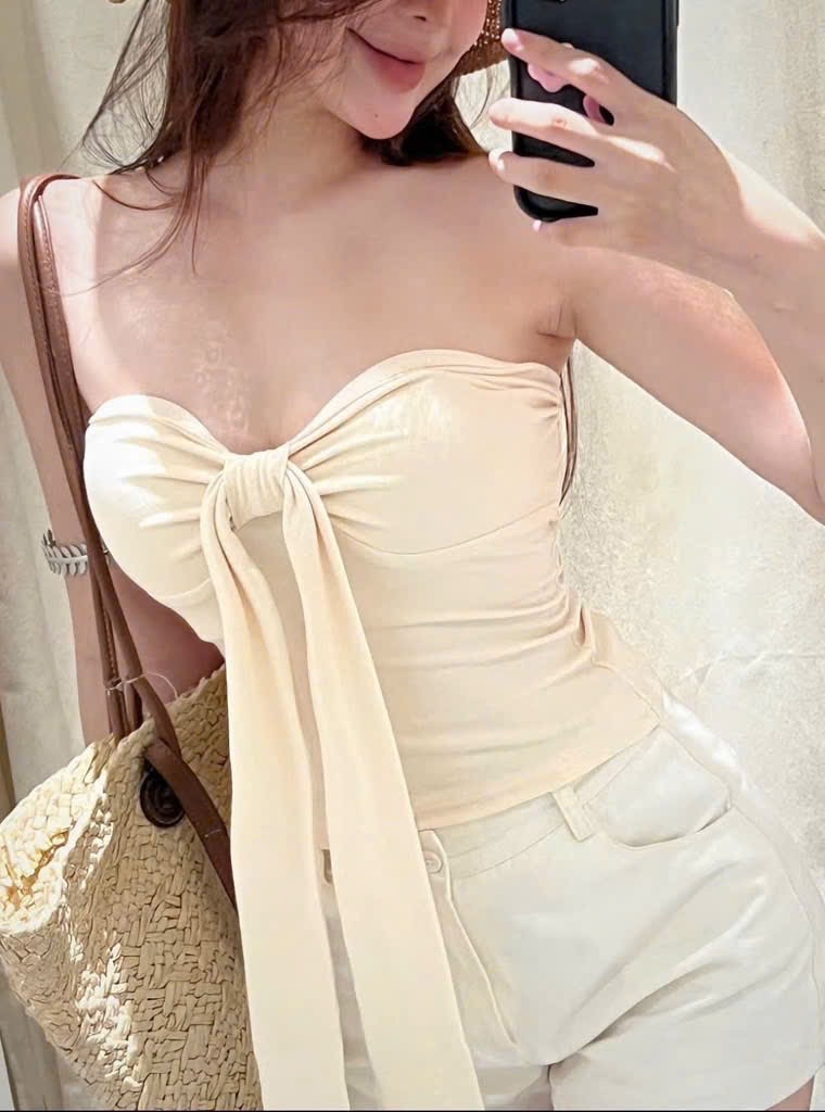 優雅黑色緞帶繫帶抹胸上衣