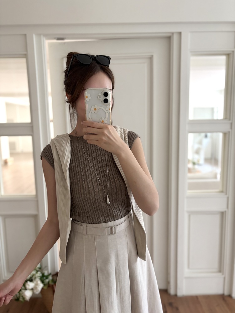 Crochet Boat Neck Knit Top (Brown)
