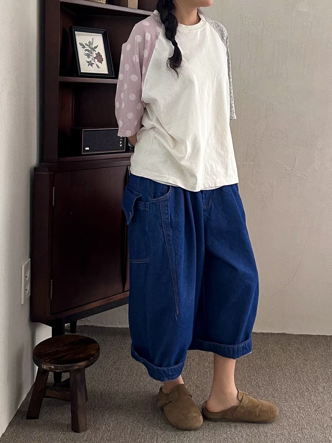 YA OX 併布袖子top