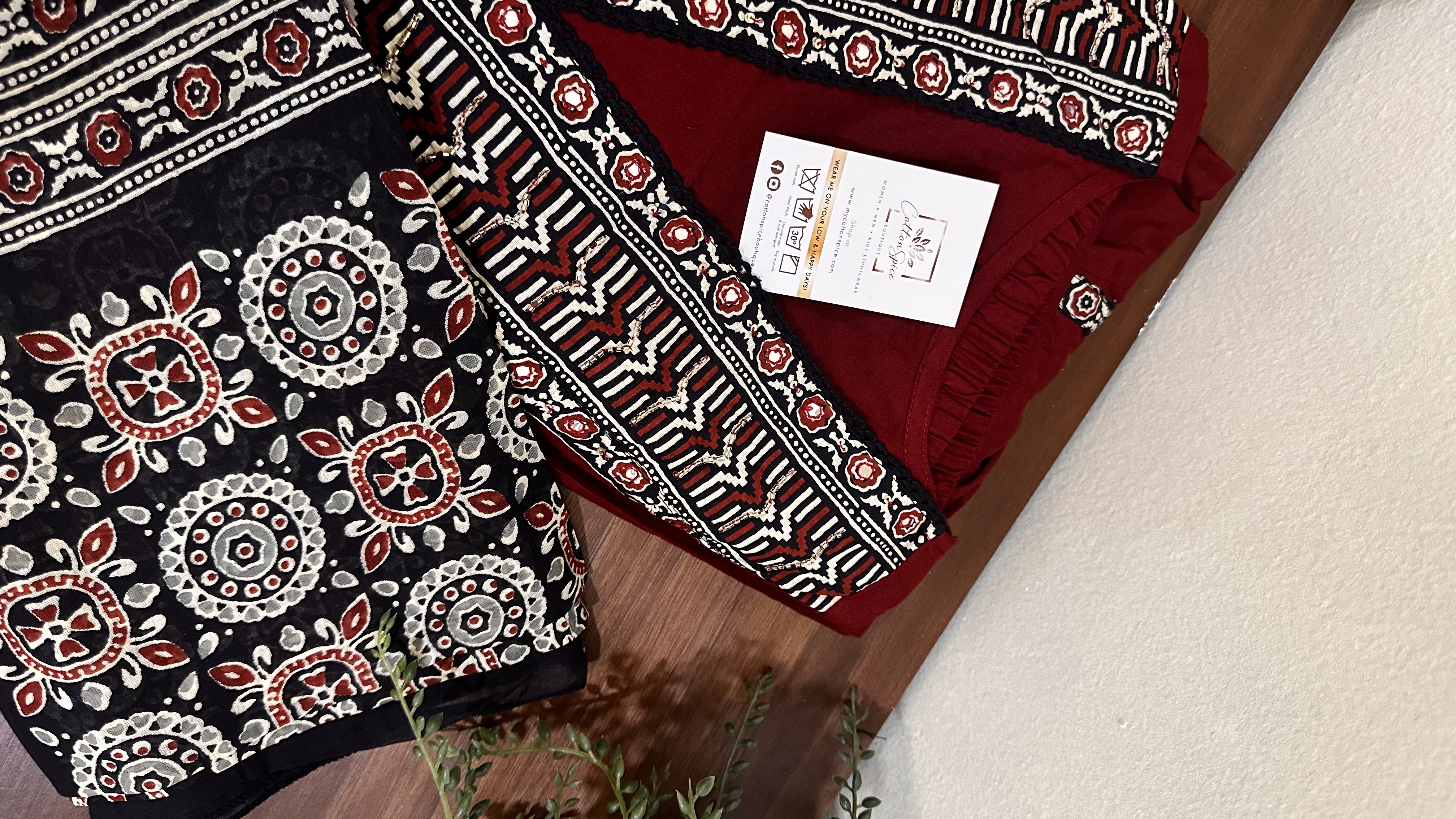 Deep Red & Black  cotton Kurta set