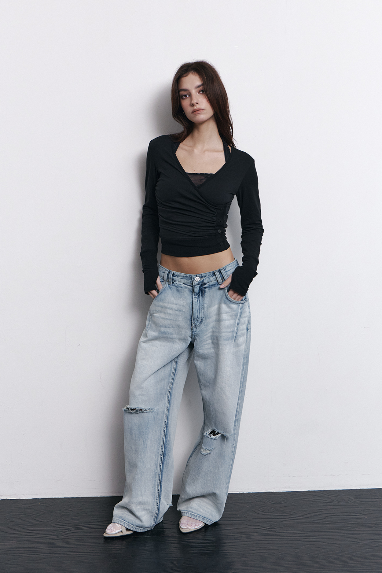 pleaseNOFOLLOW - Selena Button Wrap long sleeve Top (Black)