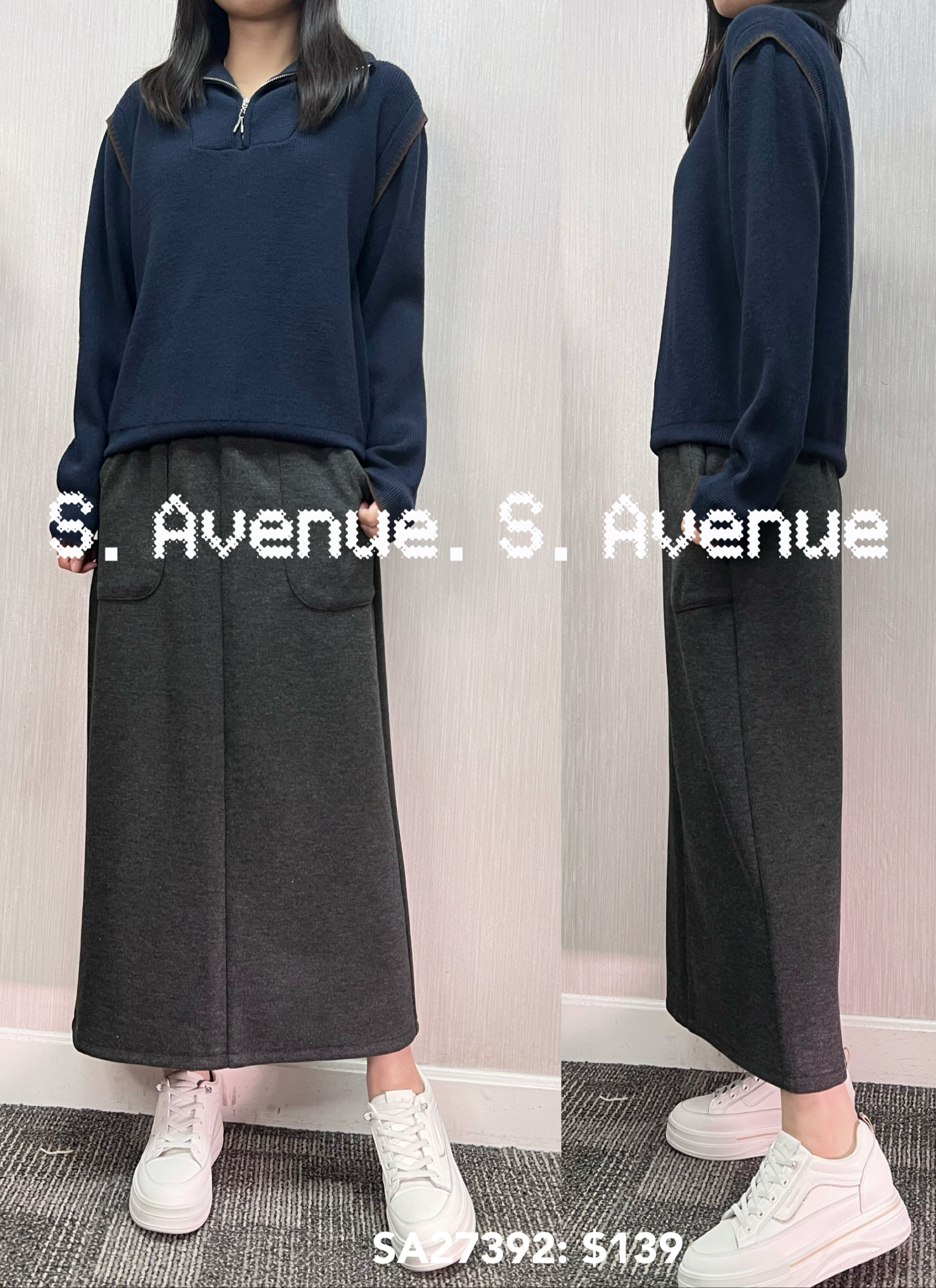 SA27392: 長袖拉錬領袖繡邊假兩件top