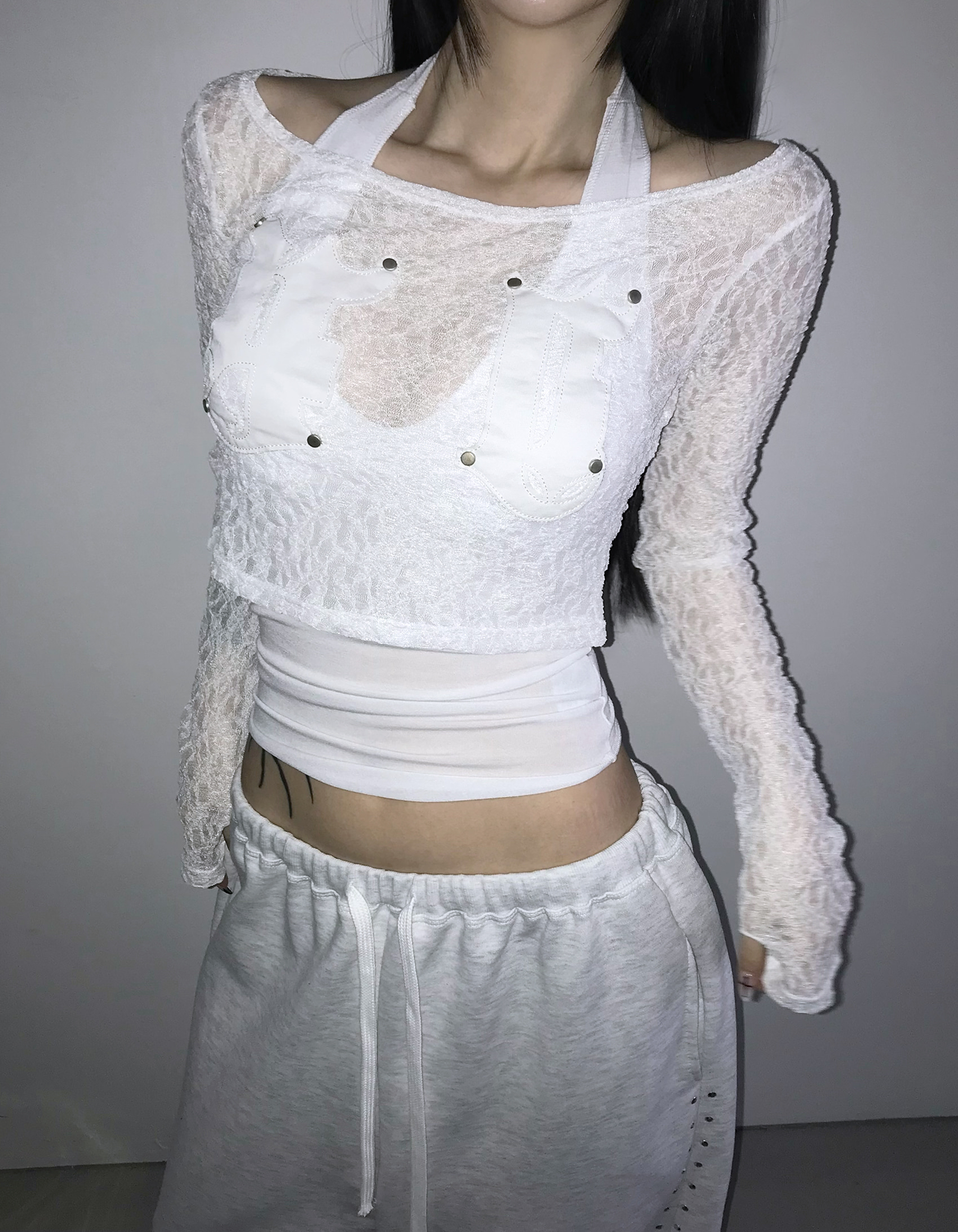 Sheer Lace Round Neck Crop Top