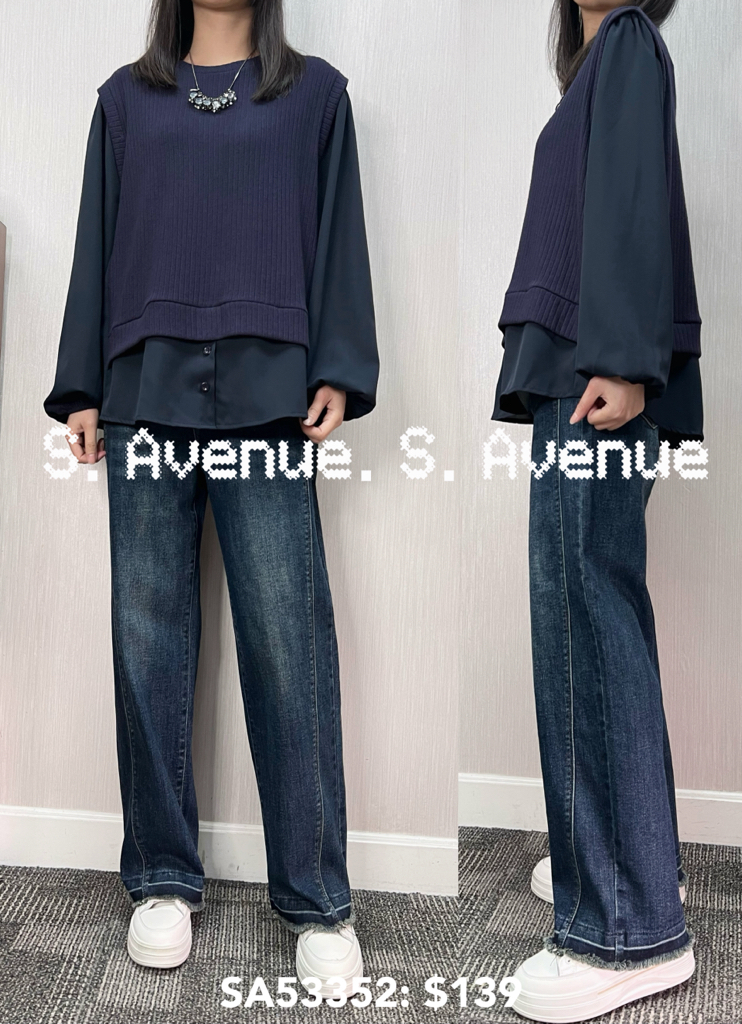 SA53352: 長袖袖雪紡衫身針織背心假兩件top