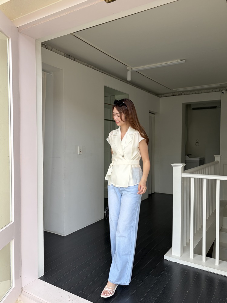 Silky Belted Wrap Blouse (Ivory)