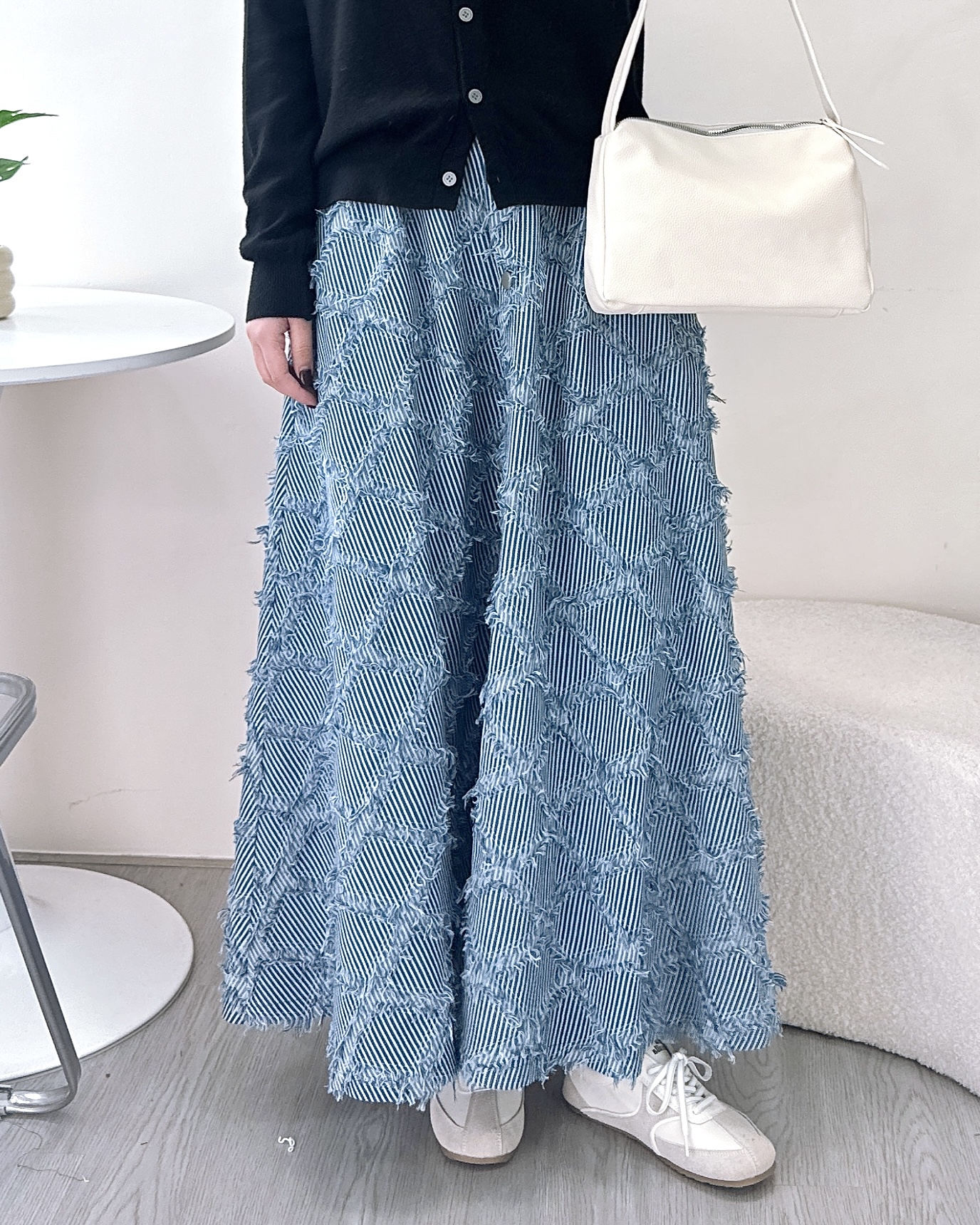 半橡筋菱格𠝹爛牛仔裙