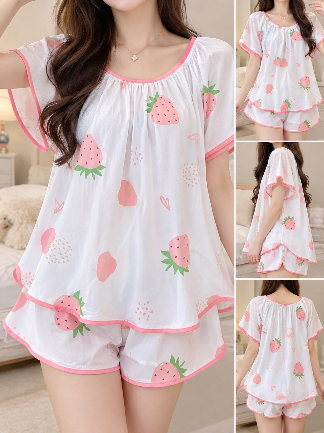 草莓印花短袖短褲睡衣套裝 Free size