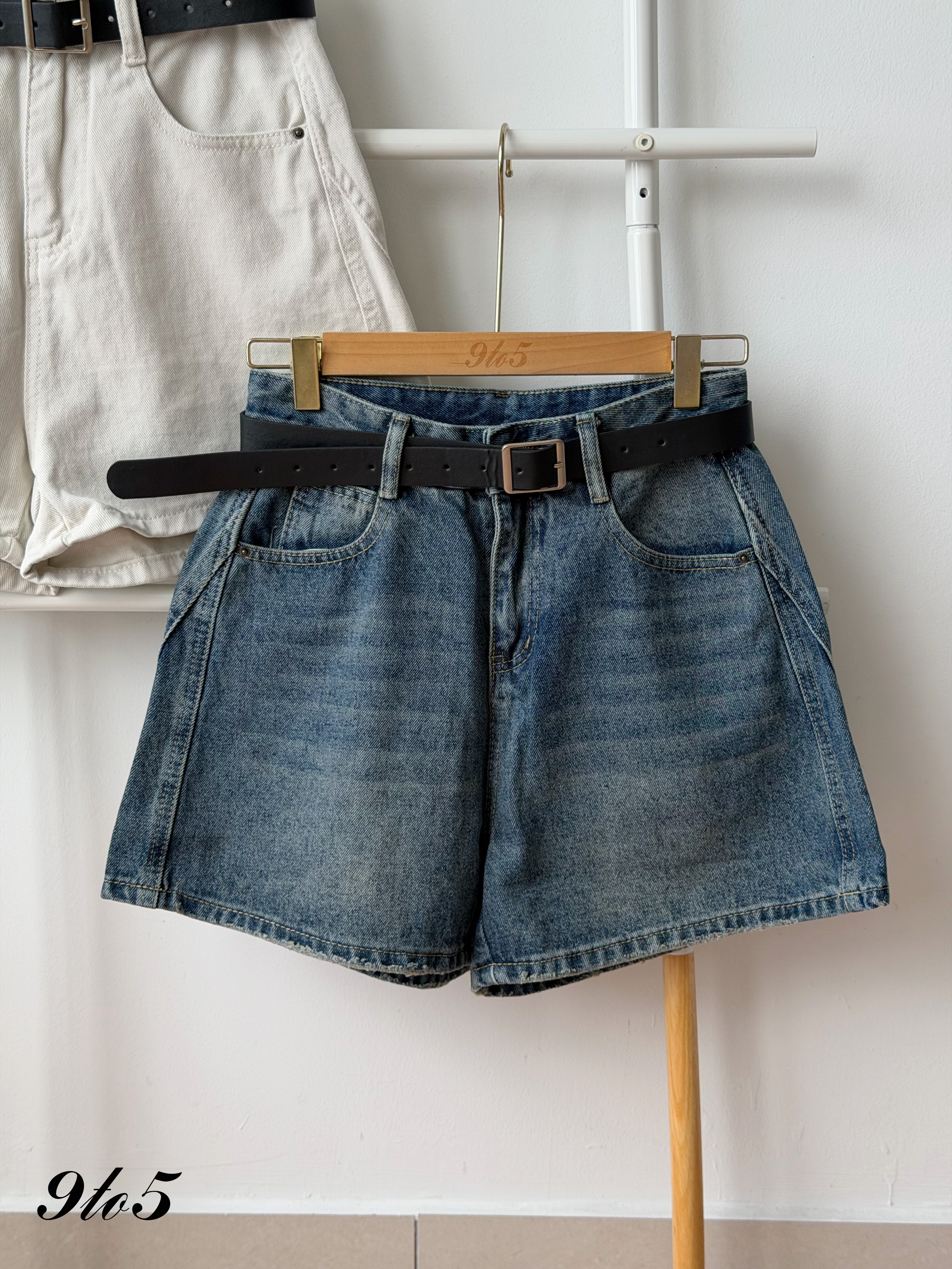 S2017 A Line Denim Short Pants - Beige & Blue