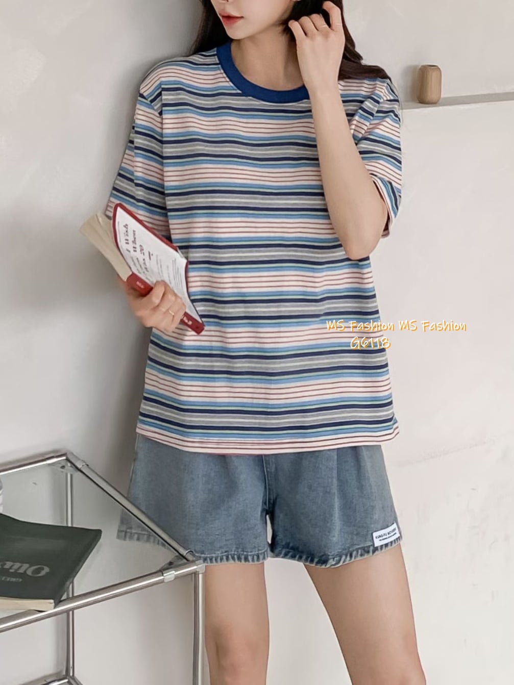 G6118 韓國🇰🇷拼邊領橫間tee