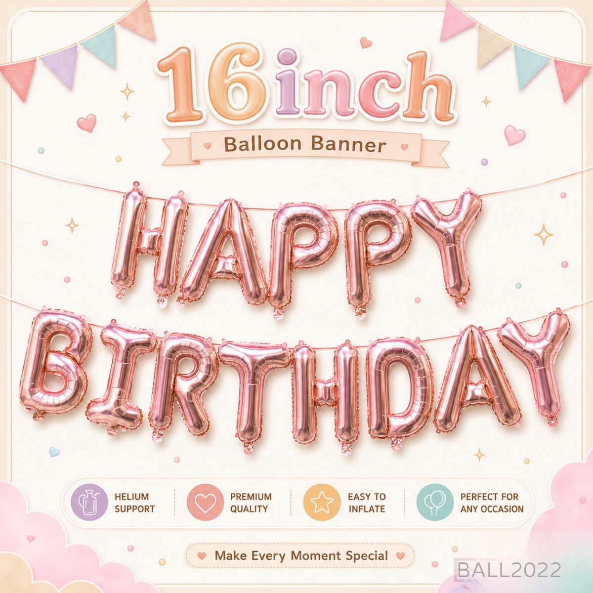16吋玫瑰金色 HAPPY BIRTHDAY 生日字母鋁膜氣球拉旗 Birthday Balloon Banner