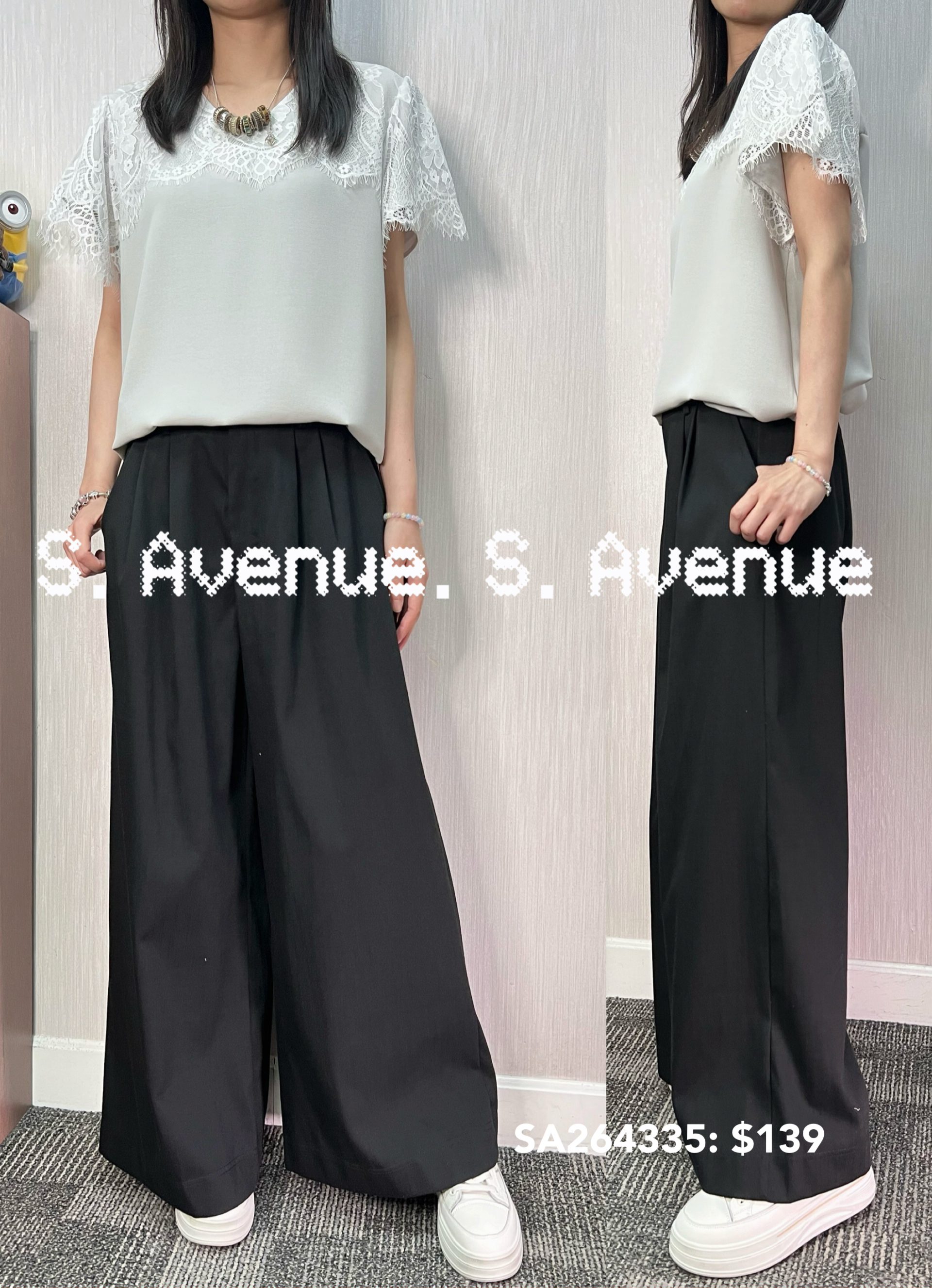 SA264335: 短袖V領拼lace雪紡top