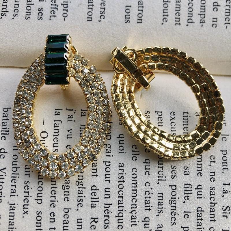 C.a. 1980s Emerald Green Baguette Glass Rhinestone Curved Loop Clip Earrings(MT1767)