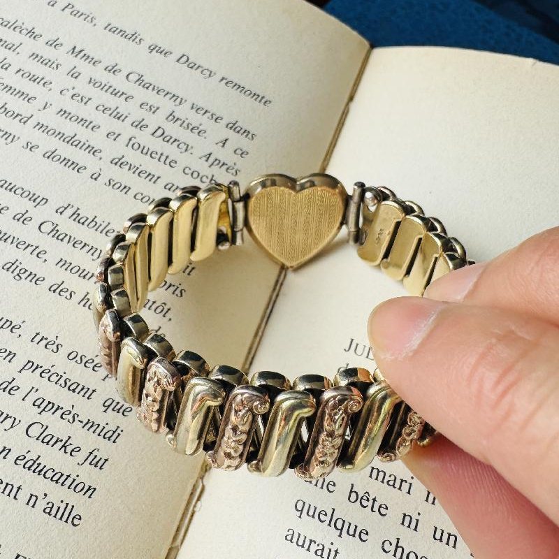 Antique 1910-1940s L.S Gold Filled Two Tone Rose & Yellow Gold Etched Pattern Sweetheart Expandable/Stretchy Bracelet(MT1361)