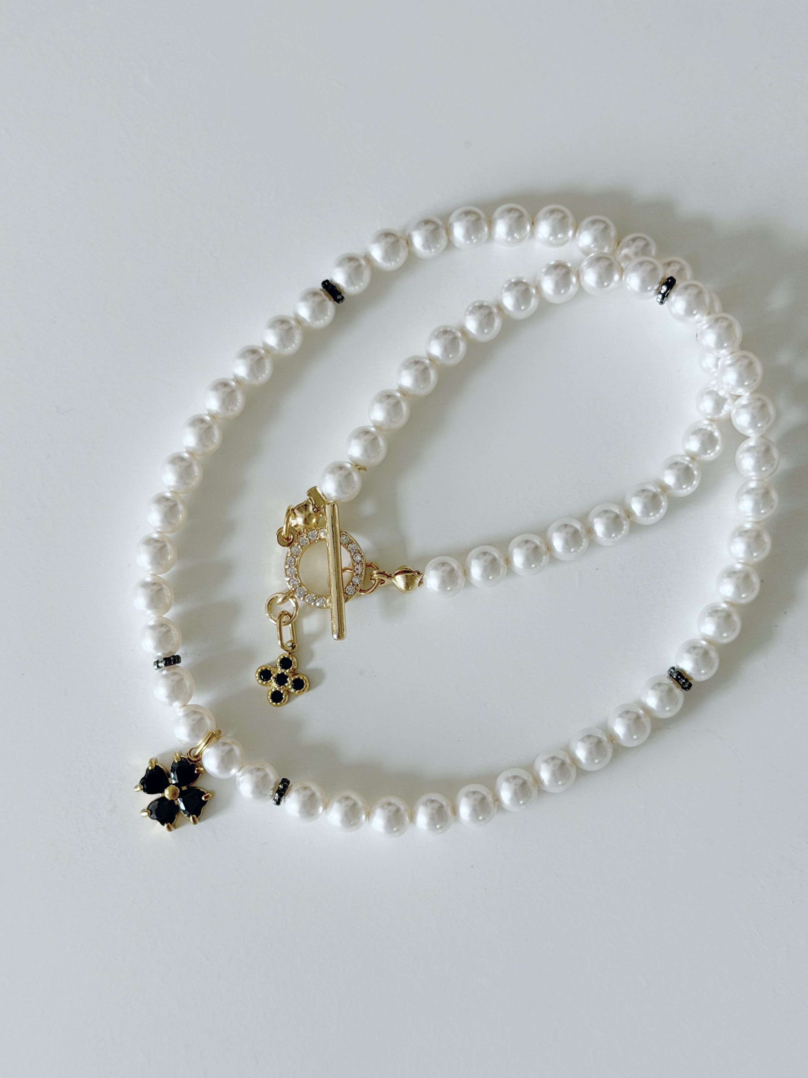 雅黑小花珍珠頸鍊/6mm米白珍珠 