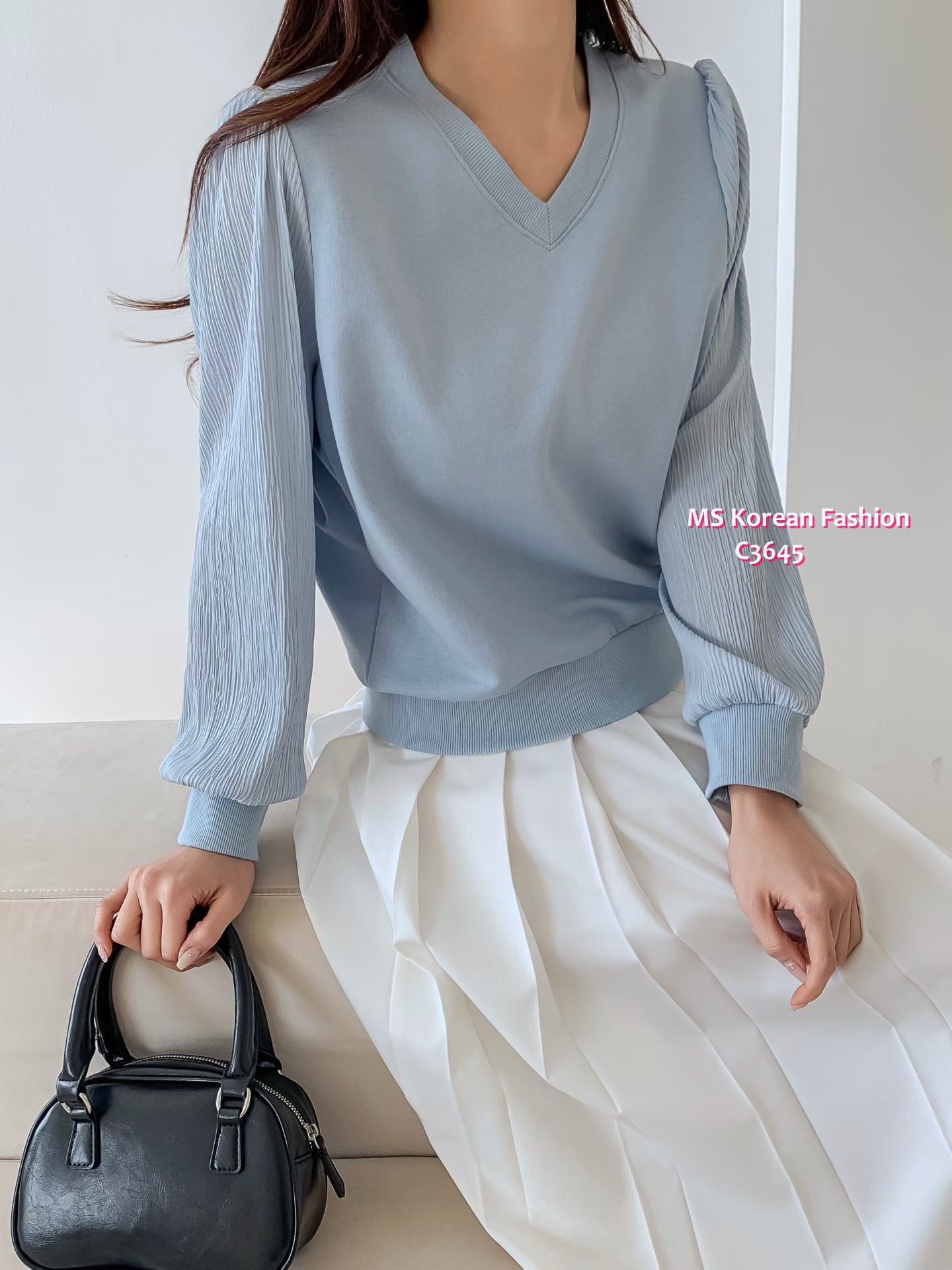 C3645 韓國🇰🇷V領直紋袖top