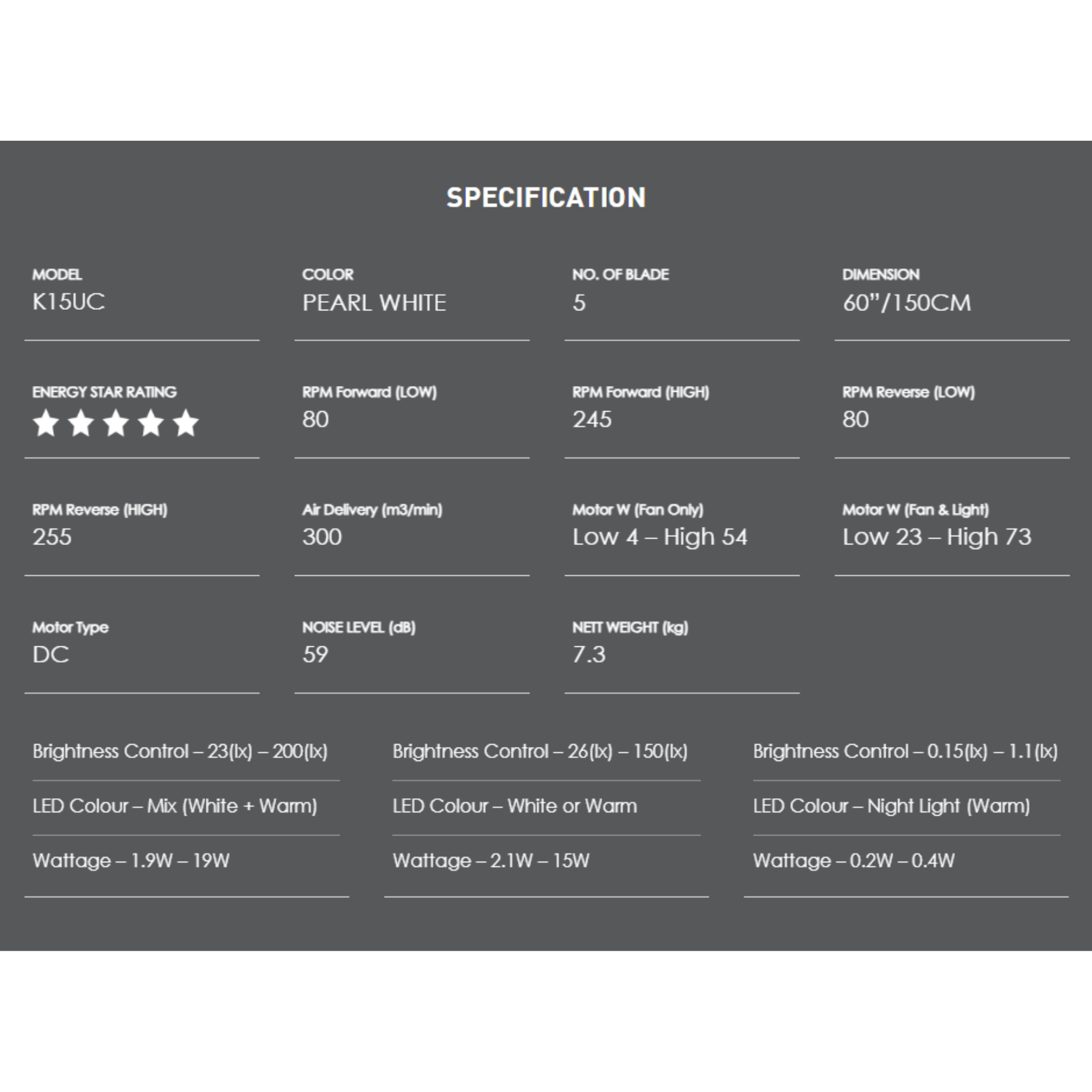 KDK 60" Ceiling Fan WiFi LED DC Motor (K15UC)