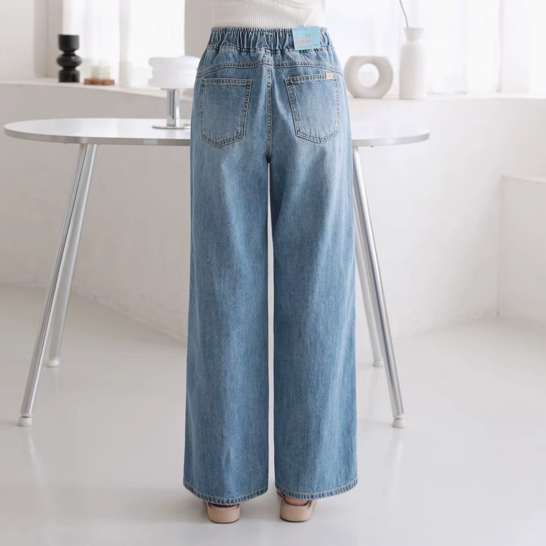 全橡筋腰側拼接牛仔褲